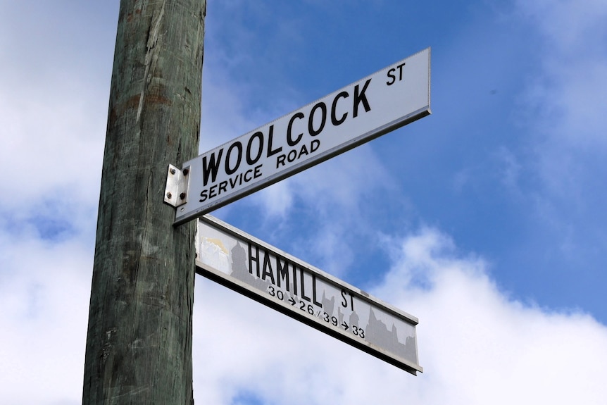 A street sign at the intersection of Woolcock and Hamill streets.