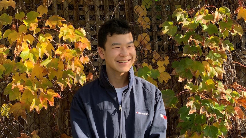 A boy stands in front of yellow autumn leaves