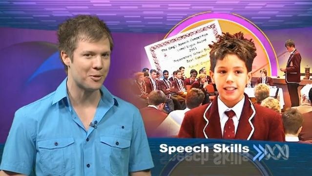 BTN Presenter Nathan Bazeley stands in front of graphic with text "Speech Skills"