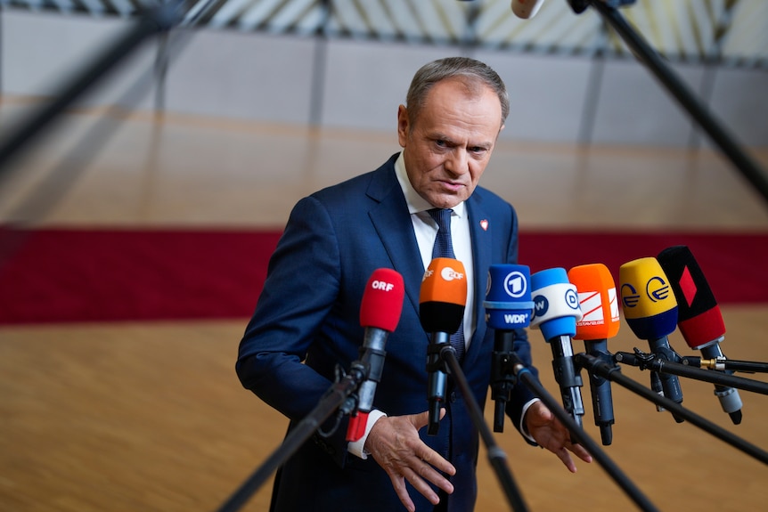 Polish PM Donald Tusk stands in front of seven different microphones wearing a navy blue suit and tie.