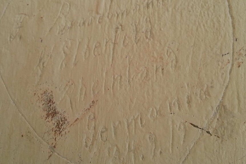 Graffiti inside solitary confinement cells at German internment camp at Holsworthy, 1917