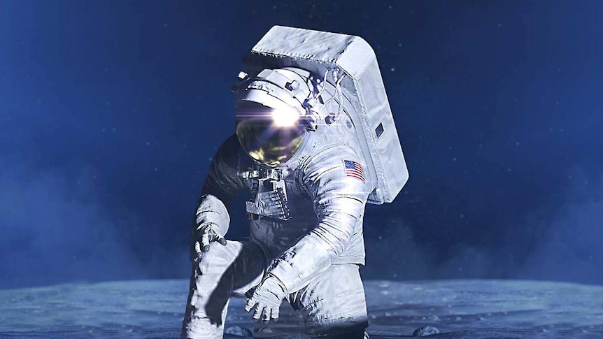 A person in a spacesuit kneels on the surface of the moon.