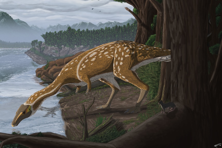 Painting of a small dinosaur drinking 