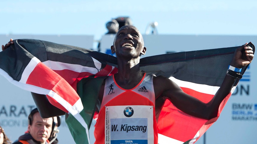 Wilson Kipsang celebrates winning the 2013 Berlin Marathon.