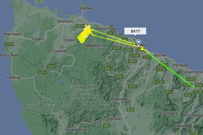 Flight path of helicopter search over north-west Tasmania.