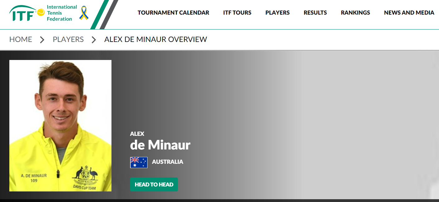 Alex De Minaur's profile, which features Australia and the Australian flag.