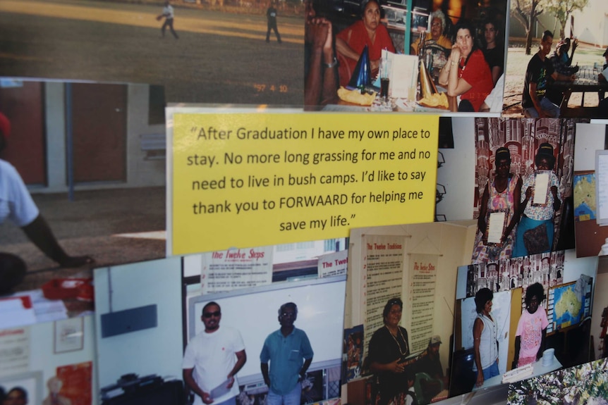 Photographs and testimonies on a wall showing the clients and their stories.