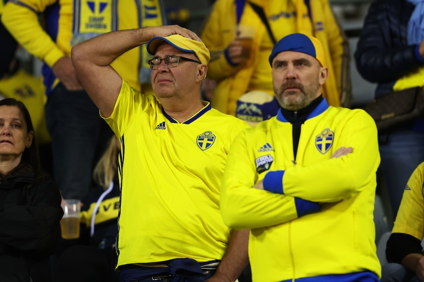 Two fans in Swedish colours react emotionally in the crowd.