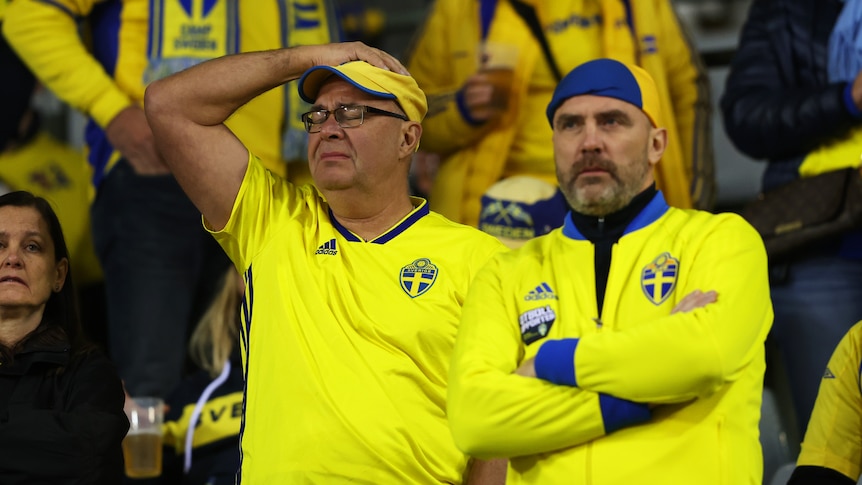Two fans in Swedish colours react emotionally in the crowd.