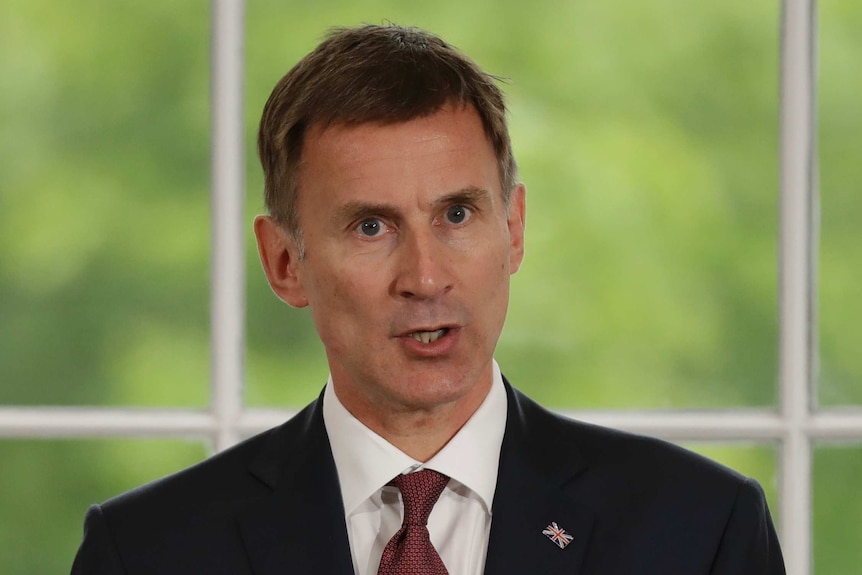 Britain's Foreign Secretary Jeremy Hunt wears a suit and stands in front of a green background while making a speech