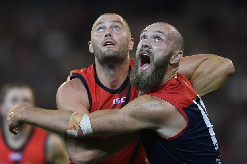 Tom Belchambers and Max Gawn push against each other as they look at the ball in the air.