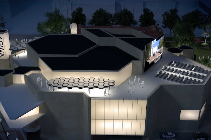 Graphic of an art gallery rooftop redevelopment at night