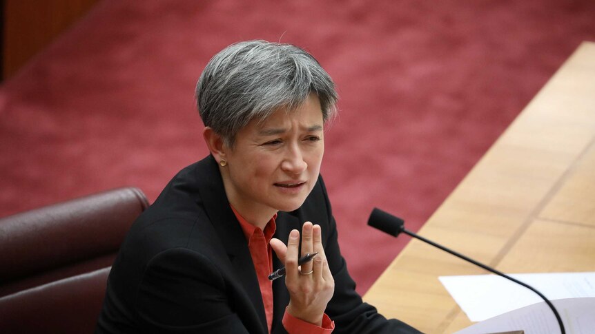 Penny Wong holds her hands in the air as she sits at the leader's seat in the Senate