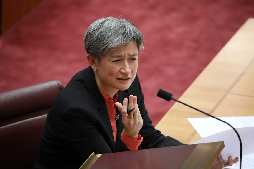 Penny Wong holds her hands in the air as she sits at the leader's seat in the Senate