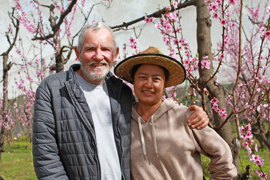A man in a gray jacket has his arm around a woman wearing a cream sweater and hat, they are both standing in an orchard.