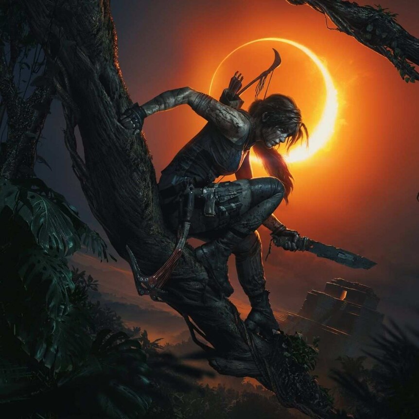 A shadowy figure of a woman hunches on a tree branch in front of an orange eclipse.