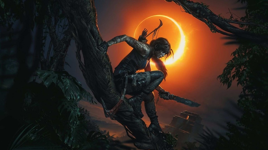 A shadowy figure of a woman hunches on a tree branch in front of an orange eclipse.