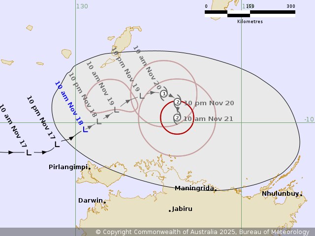 Bureau of Meteorology forecast track map showing Tropical Low 02U's projected movement and potential cyclone development near the Northern Territory coast