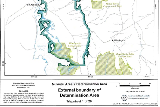 A white map with green boundaries showing the determination area of the Nukunu people.