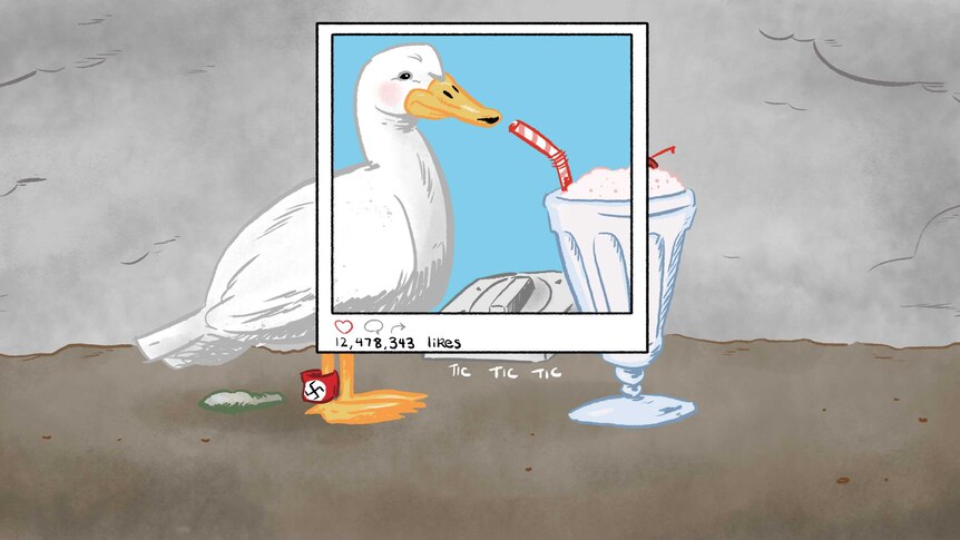 An illustration showing a duck drinking a milkshake.