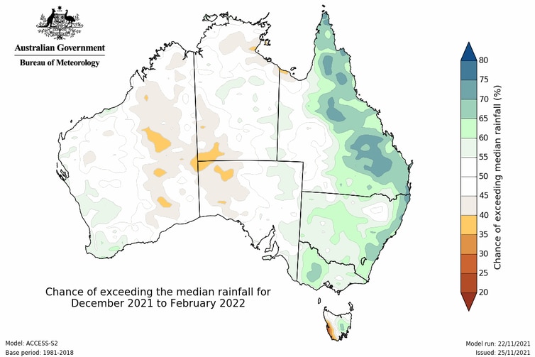 A weather map showing high above median chance of rainfall on the east coast