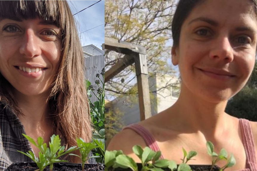 Two separate photos of young women smiling with seedlings in their hands.