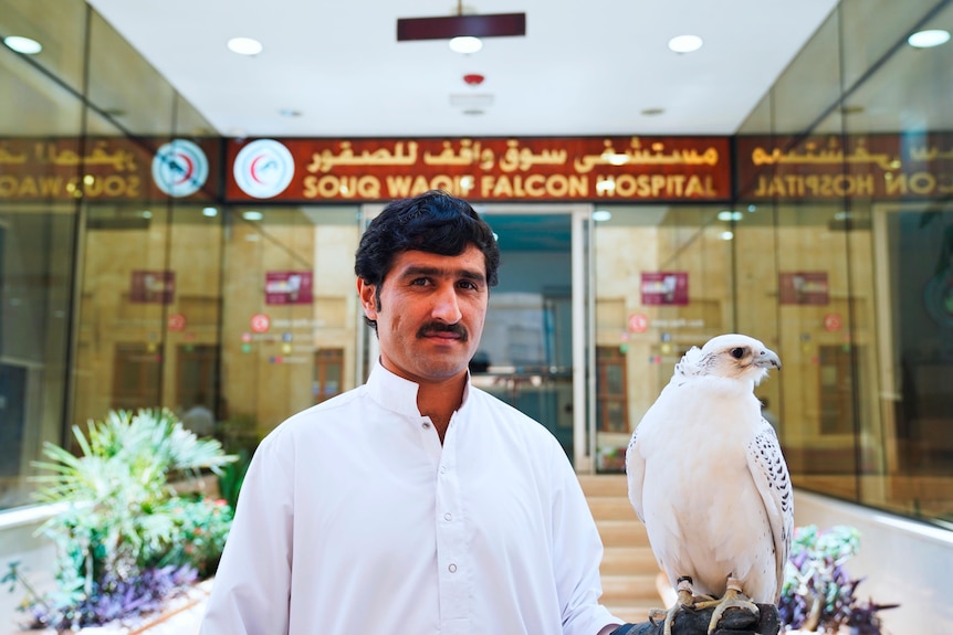 A man dressed in white with black hair and a mustache stands outside the souk waqif falcon hospital with a bird on his wrist