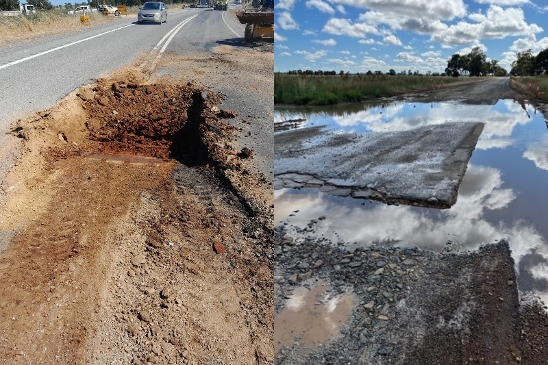 A composite of two roads with potholes and damage on roads caused by rain and flooding.