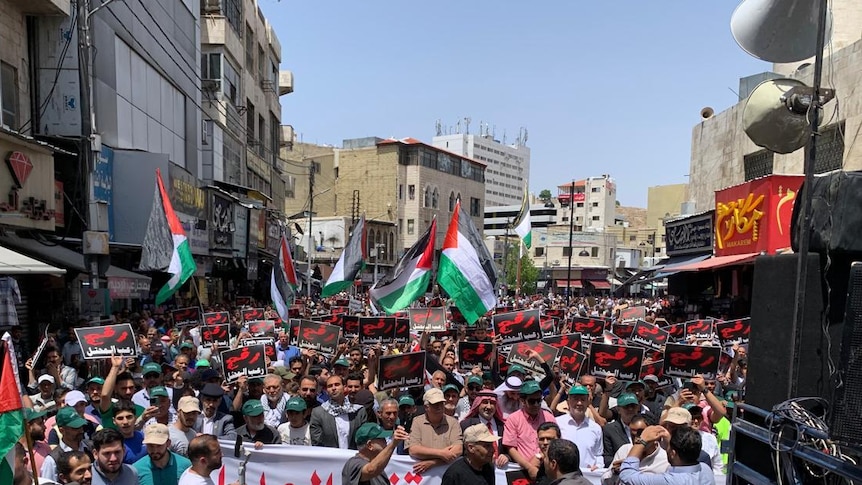 crowd of protesters on the street waving Palestinian flags