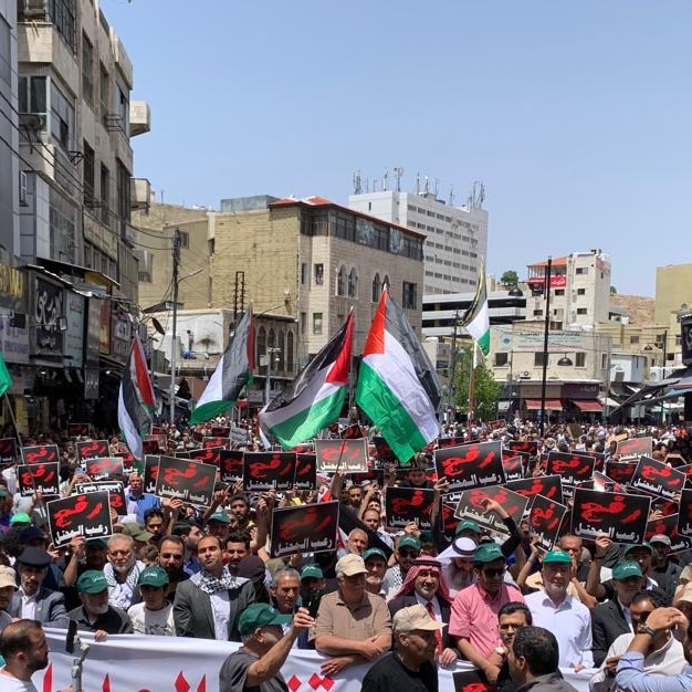 crowd of protesters on the street waving Palestinian flags