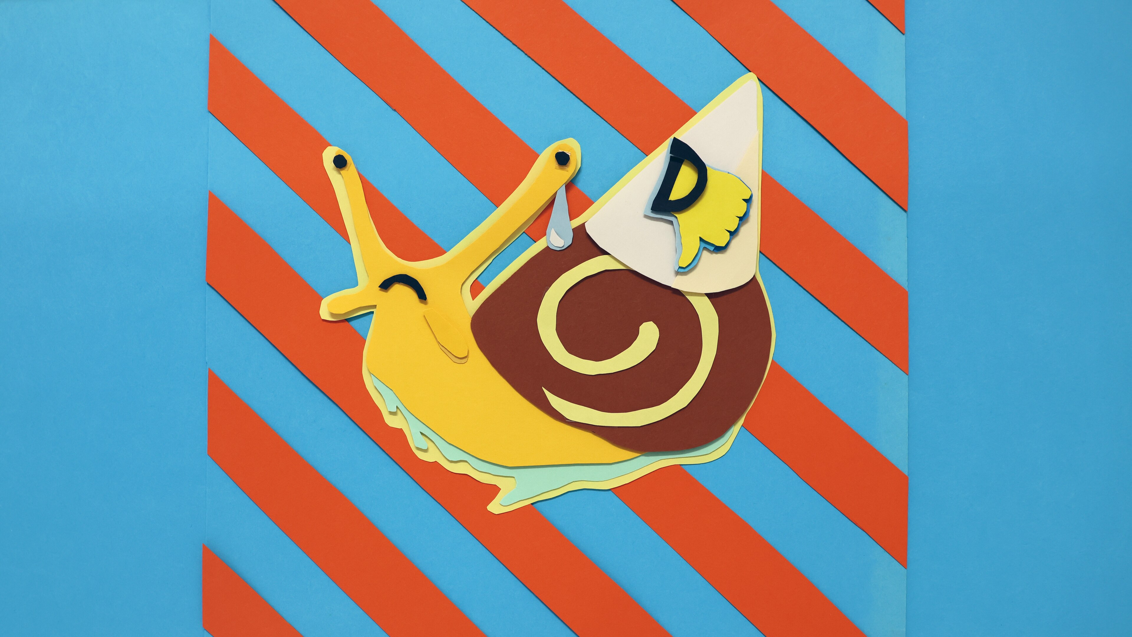 An illustration with a blue and orange striped background with a snail that has a thumbs down on it.