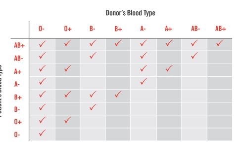 A table listing all different blood types