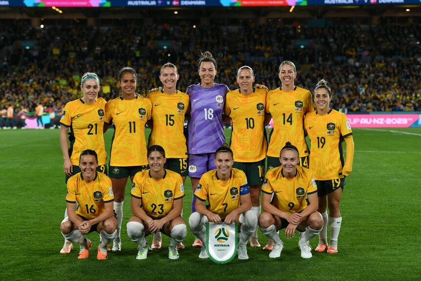 The Matildas posing as a team. 