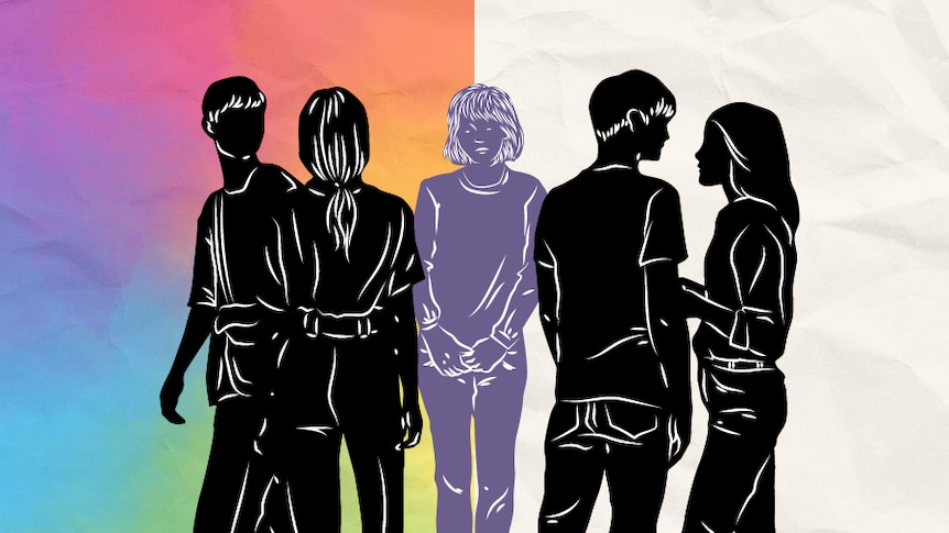 An illustration of a person looking sad in a group in front of a rainbow background 