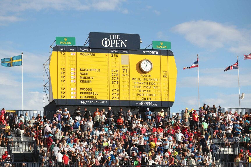 The scoreboard shows Francesco Molinari of Italy as the winner of the British Open at Carnoustie.