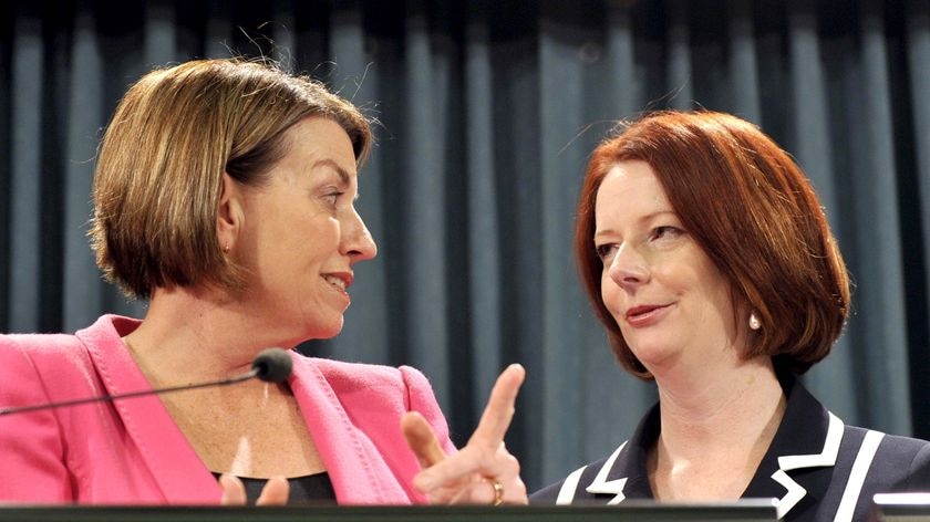 It was the first joint appearance of Anna Bligh (left) and Julia Gillard during the federal election campaign