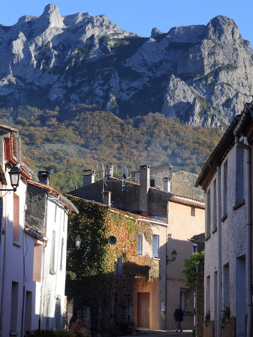 Bugarach village under the 1,231 meter high peak of Bugarach, the culminating point of the Corbieres range in south-west France.