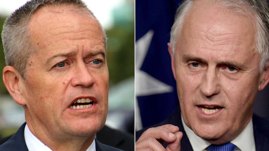 A composite image of Bill Shorten and Malcolm Turnbull both in suits and blue ties.