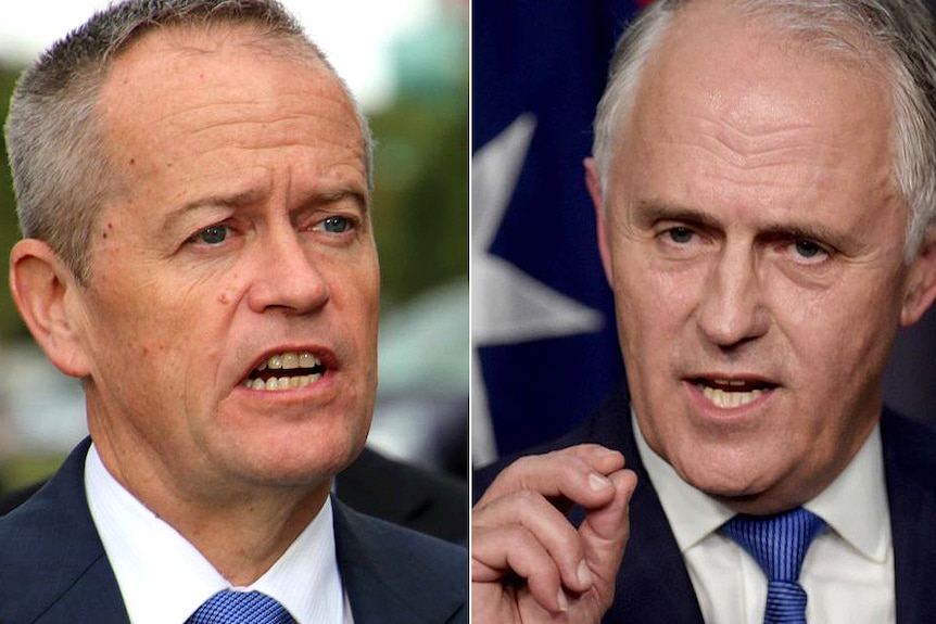 A composite image of Bill Shorten and Malcolm Turnbull both in suits and blue ties.
