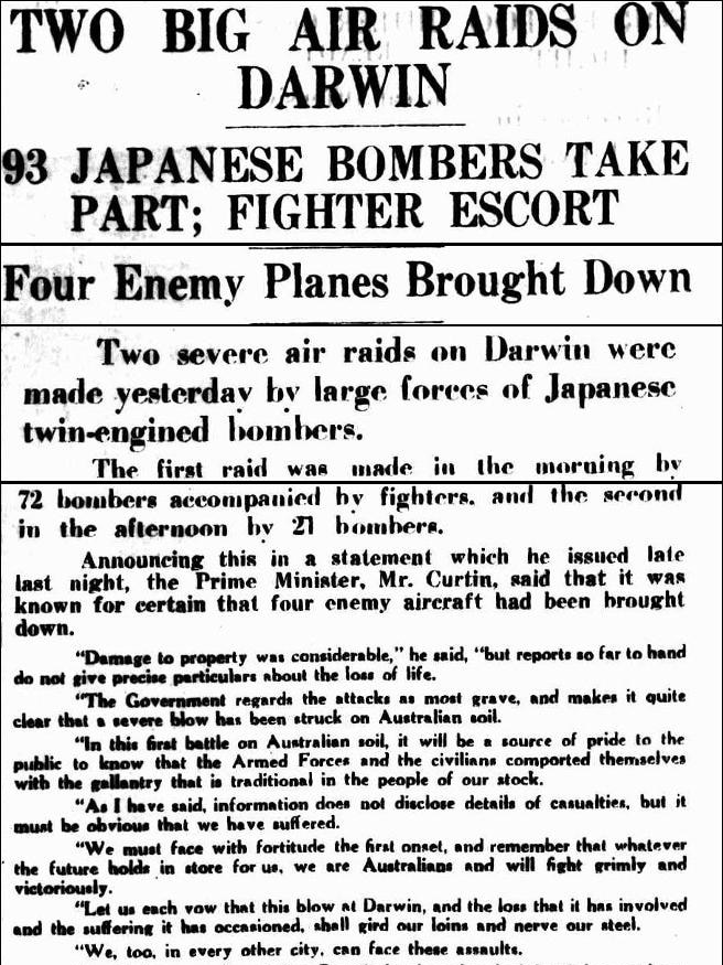 The article's headline in "Two big air raids on Darwin"