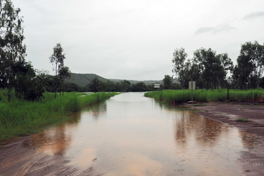 A flooded road stretches into the distance, with high grass on either side and a grey sky filled with cloud.