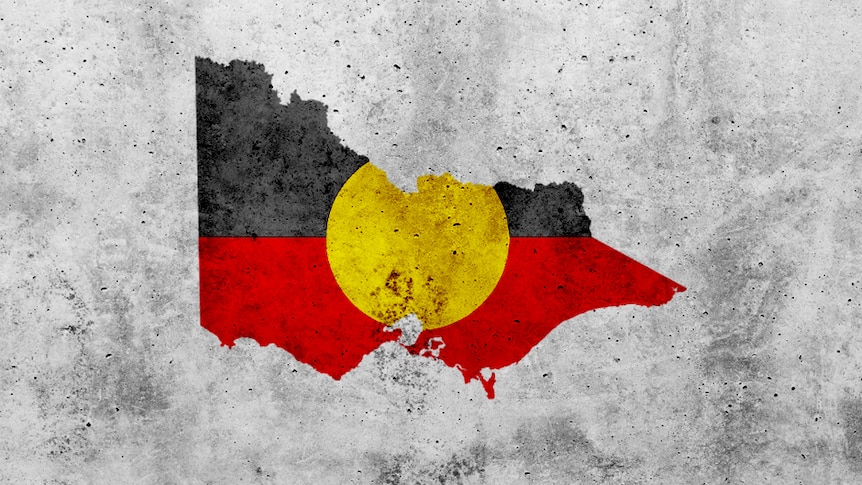 The Aboriginal flag superimposed onto a map of Victoria.