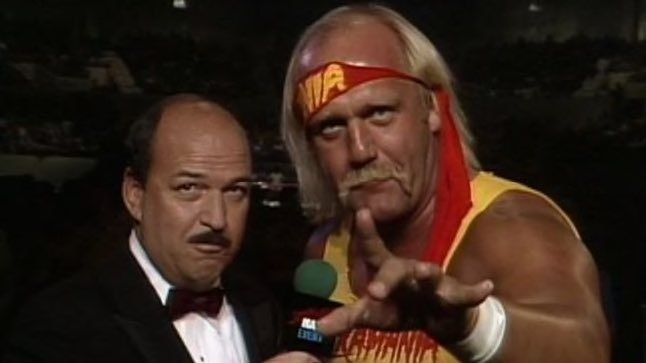 Gene Okerlund interviews Hulk Hogan at a WWE event.