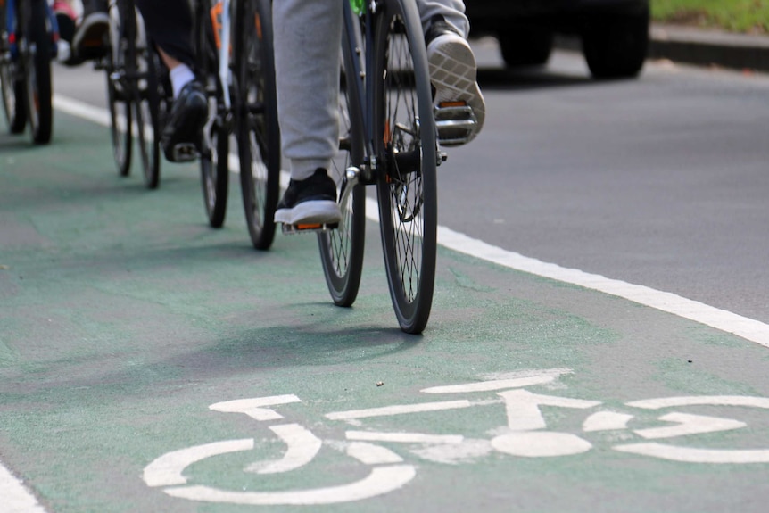 Cyclists ride down a bike lane.