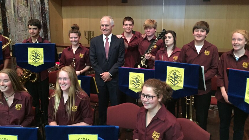 Prime Minister Malcolm Turnbull with the Orbost Secondary College band at Parliament House.
