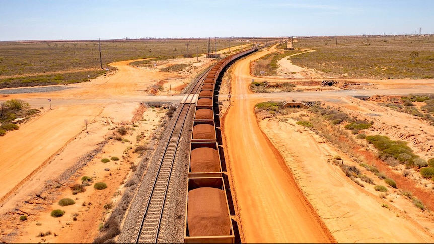 A train makes its way through the desert.
