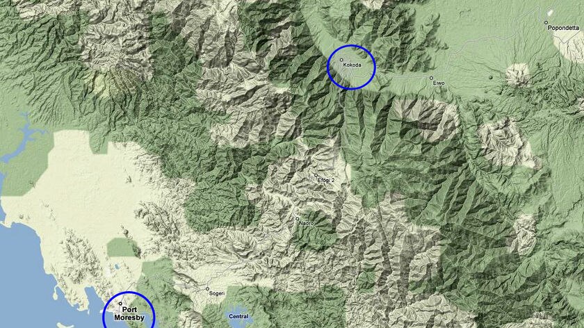 Terrain map of PNG showing Port Moresby and Kokoda circled in blue. (Google Map image)