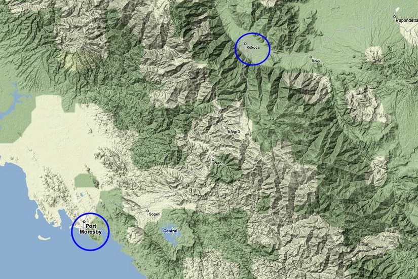 Terrain map of PNG showing Port Moresby and Kokoda circled in blue. (Google Map image)