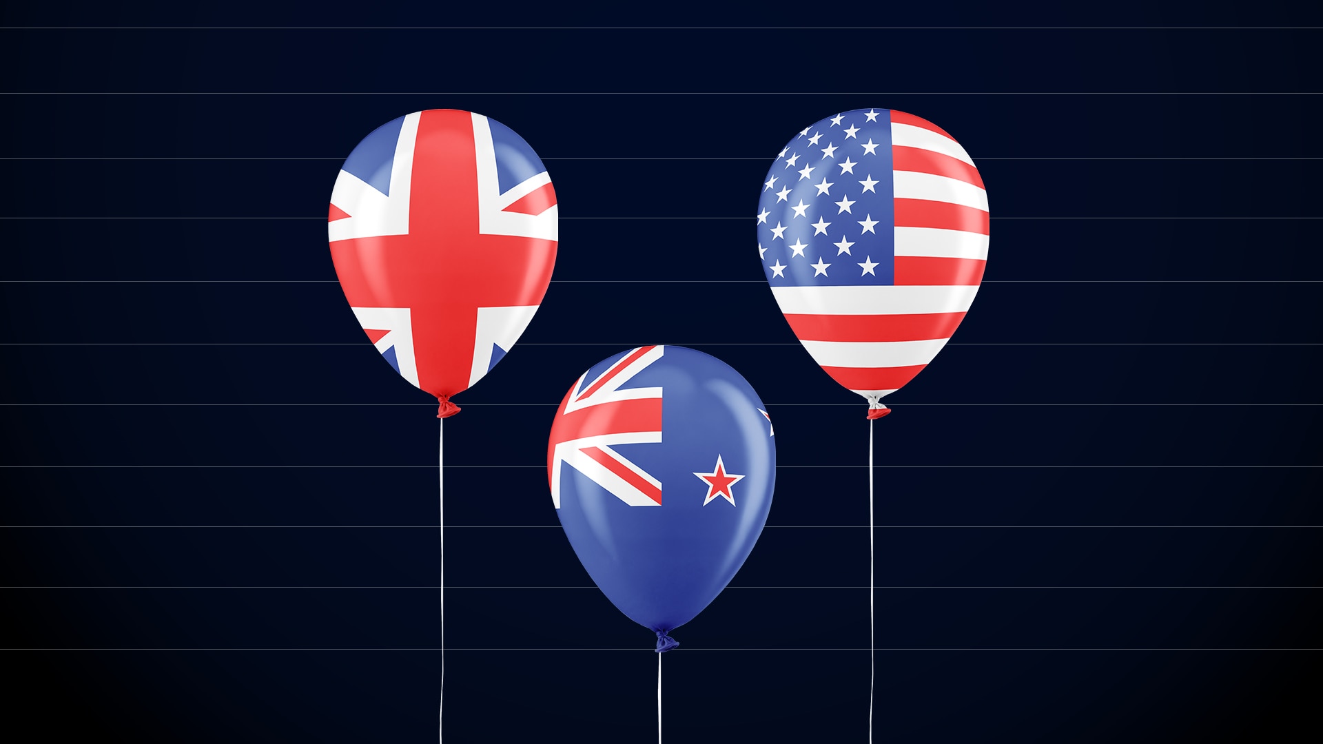 Three balloons with the UK, NZ and US flags wrapped around them rise against a lined background