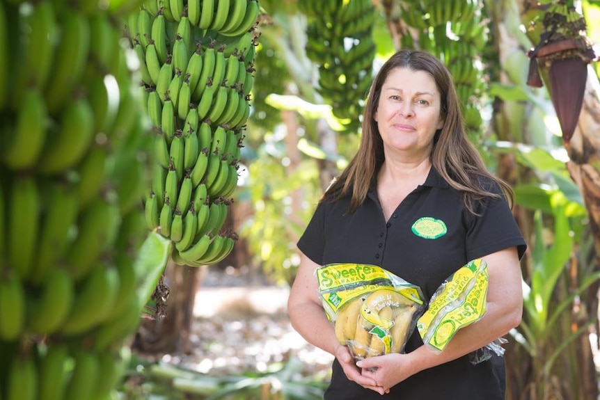 woman in banana paddock holding bags of bananas